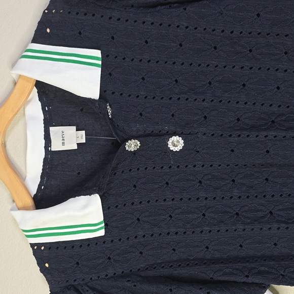 Maeve Blue Puff Sleeve Lace Polo Navy Knit Top Size Large NwT. - Picture 5 of 11